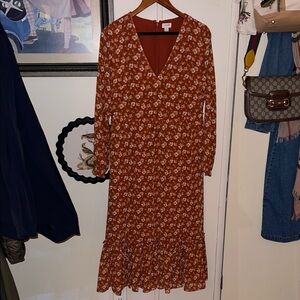 J. Crew Long Sleeve Floral Dress in Warm Brown